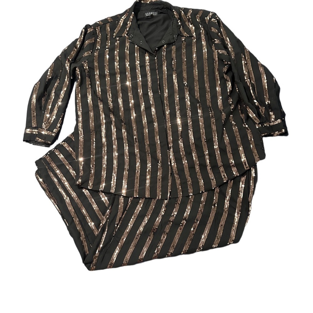 Eloquii Black Gold Stripe Set Top Pants